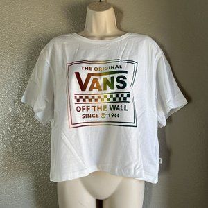 Women’s VANS Stackton Boxy Crop Top White With Rainbow Graphic Size Large